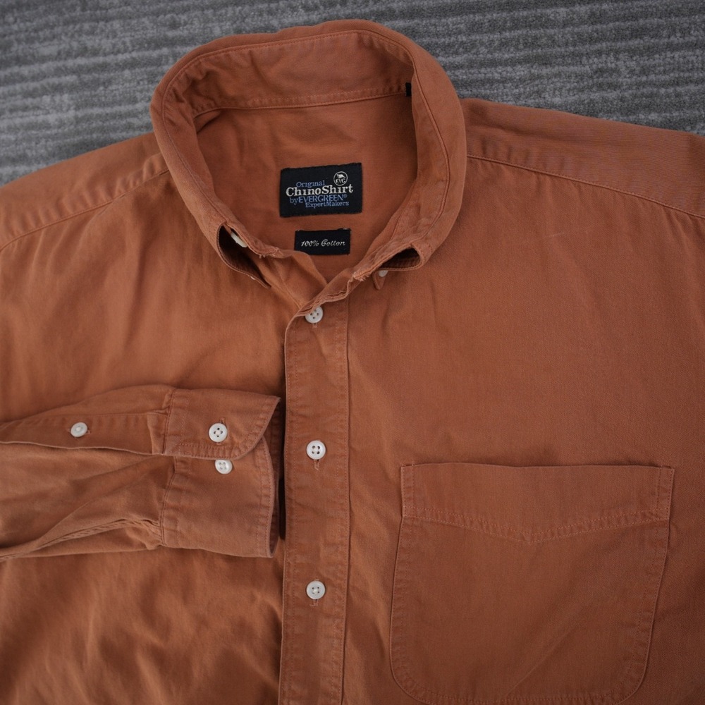 EverGreen Chino Shirt Men Brown Button Down Long Sleeve Pocket Vintage Small